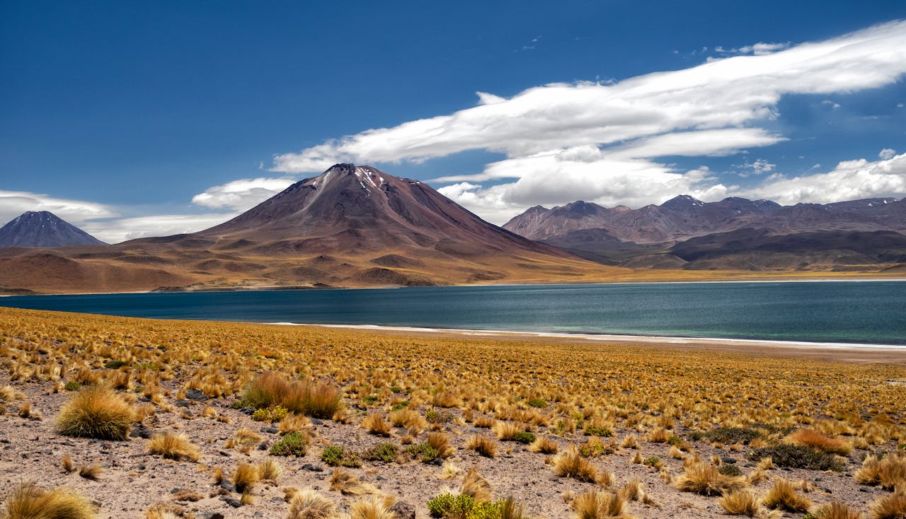 Services Breathtaking view of a lake and mountains in the Atacama Desert, Chile under a clear blue sky.
